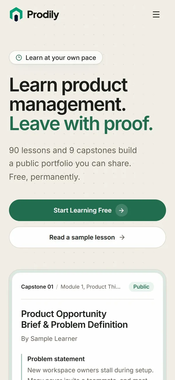 Home page of Prodily on a phone
